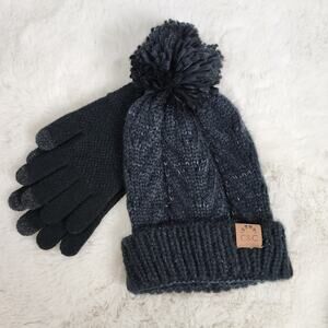 NEW C&C California Black Silver Confetti Cable Knit and Glove Set
